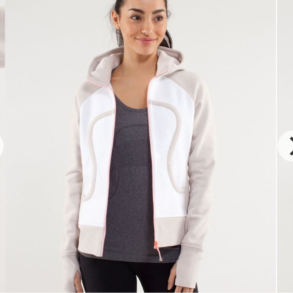 Lululemon Women's Scuba Hoodie Cotton Fleece Full Zip Thumbholes Pink White